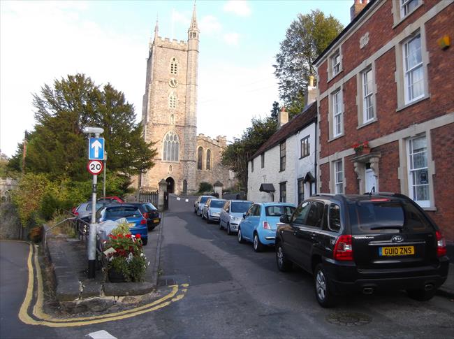 View of Westbury-on-Trym Parish Church, the last house on the right here is Elsie Briggs House of Prayer.