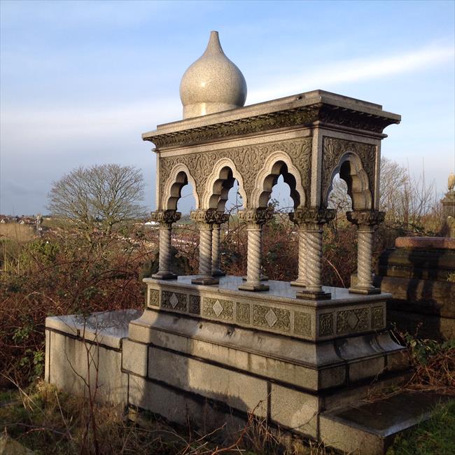 Grave of Mary Ann Whewell she was born in Bangalore India. This was built by her husband William Whewell, who was a Brewer in Blackburn. (Reported to be in the style of India's Taj Mahal?)