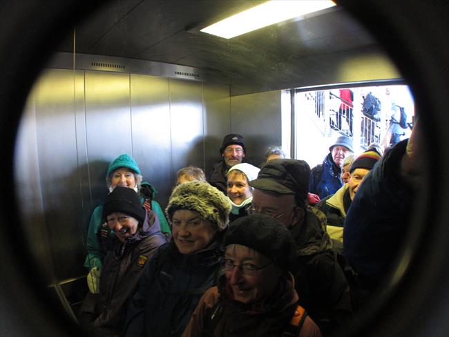 An Edinburgh Ramblers Association group using the goods lift at Edinburgh Park