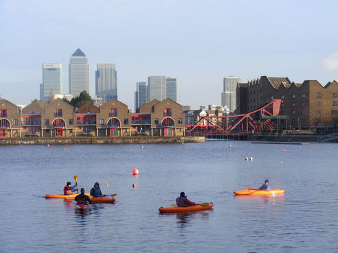 Shadwell Basin looking east towards River Thames and Canary Wharf