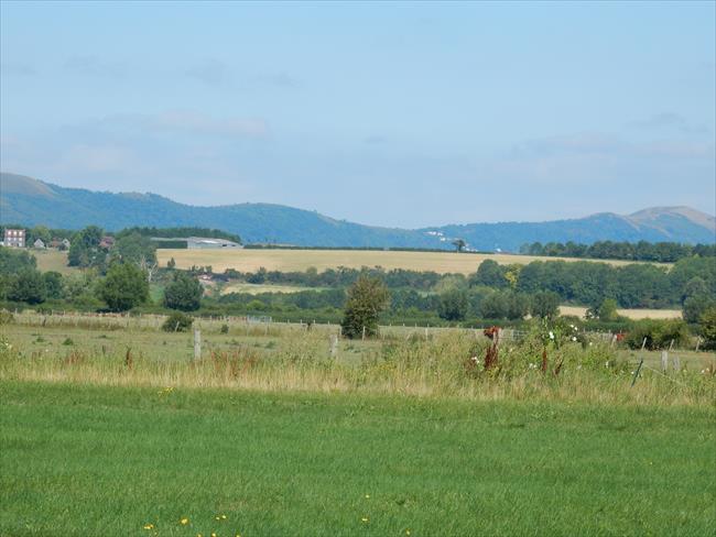 Longdon Marsh with far distant views to the Wyche Cutting on the Malvern Hills just after Point 2.