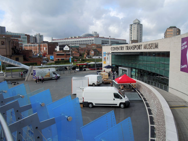 View of Coventry Transport Museum from the 'blue' sky walk.