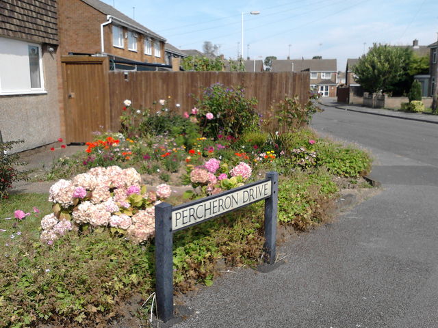 One of the well kept gardens and the street name sign for Percheron Drive.