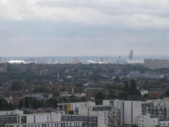 View over the New River Apartments, in the foreground, with the 2012 Olympic Park seen in the distance