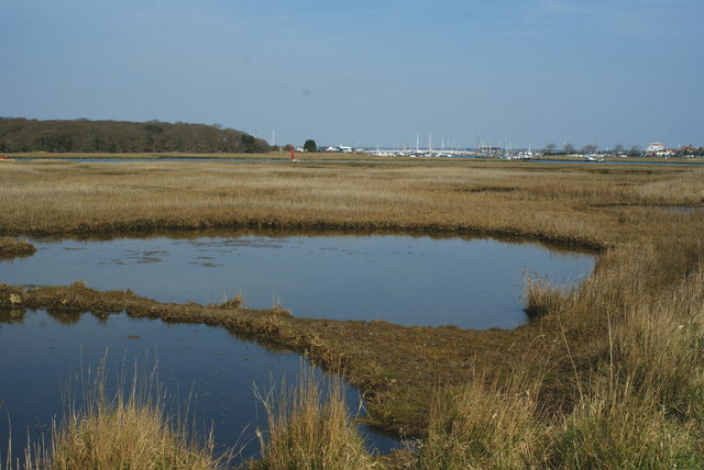 Looking across the marshes, towards Yarmouth. On the skyline, just to the right of centre, is the bridge which crosses the River Yar. On the extreme right of picture, a Wightlink ferry is still in harbour.